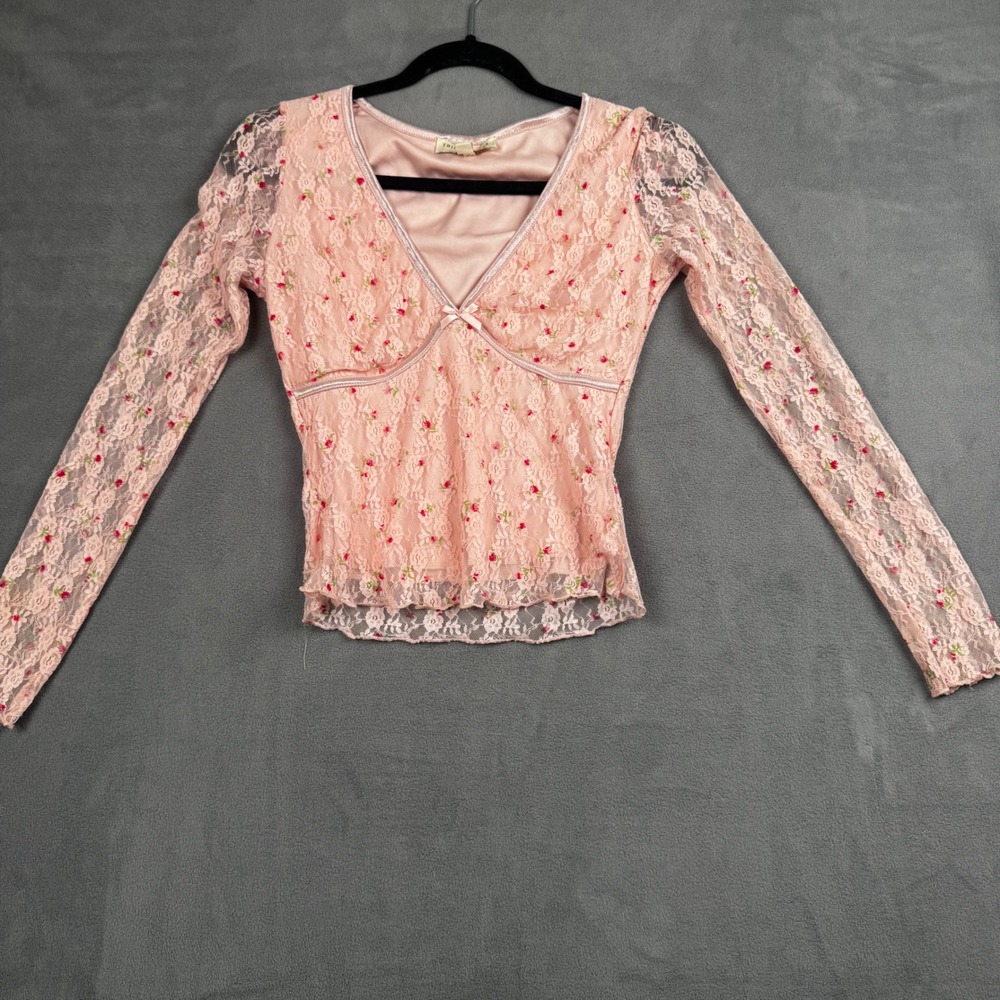 Thirty Thirty LA‎ Pink Floral Lace Long Sleeve V-Neck Top Small 2DKVAI277